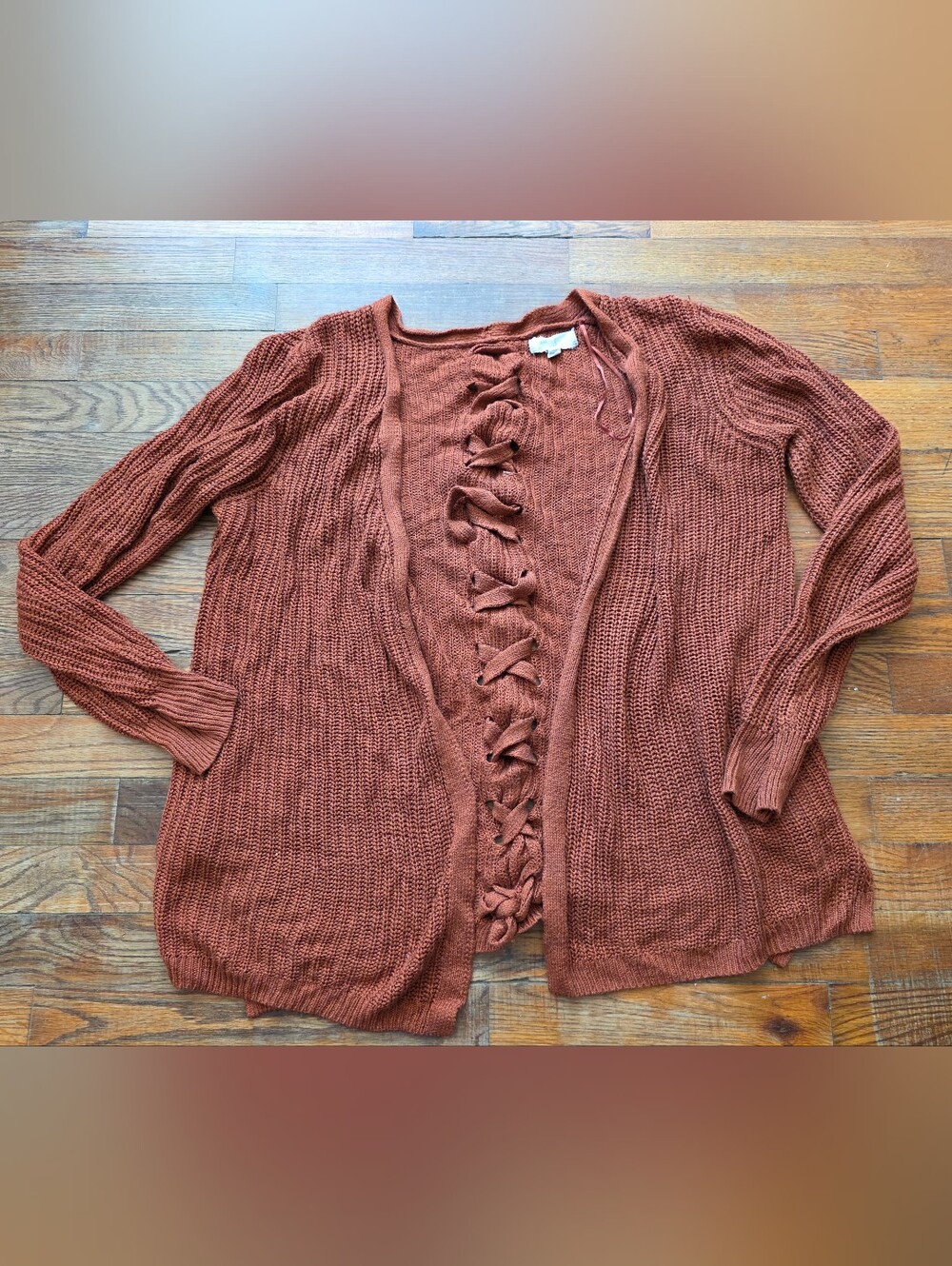 Open-Front Lace-Up Knit Cardigan - Rust